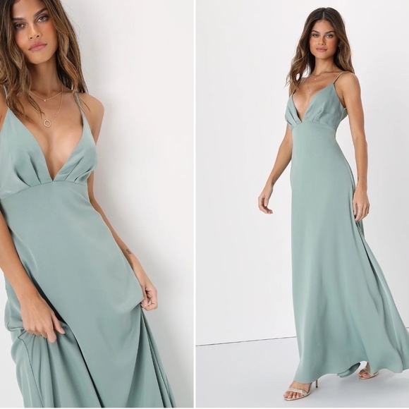 LULU's Bridesmaid Prom Wedding Sexy Open Back Satin Sage Green Maxi Dress - Picture 1 of 3